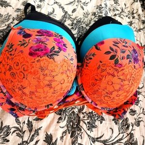 Front closure, lace racer back bras. turquoise, orange purple floral, blk